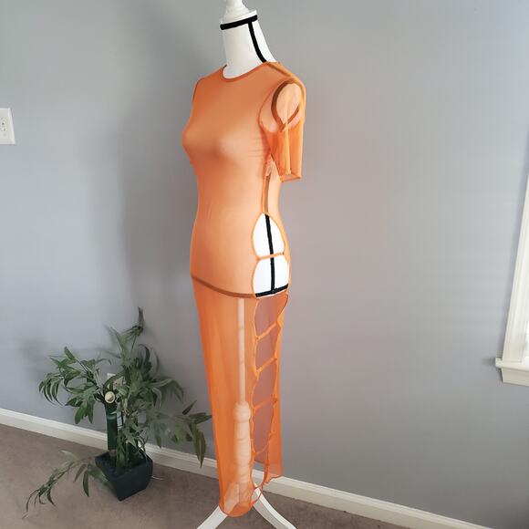 Pretty Little Thing Short Sleeve Cut Out Orange Side Mesh Dress 6 - Picture 3 of 10